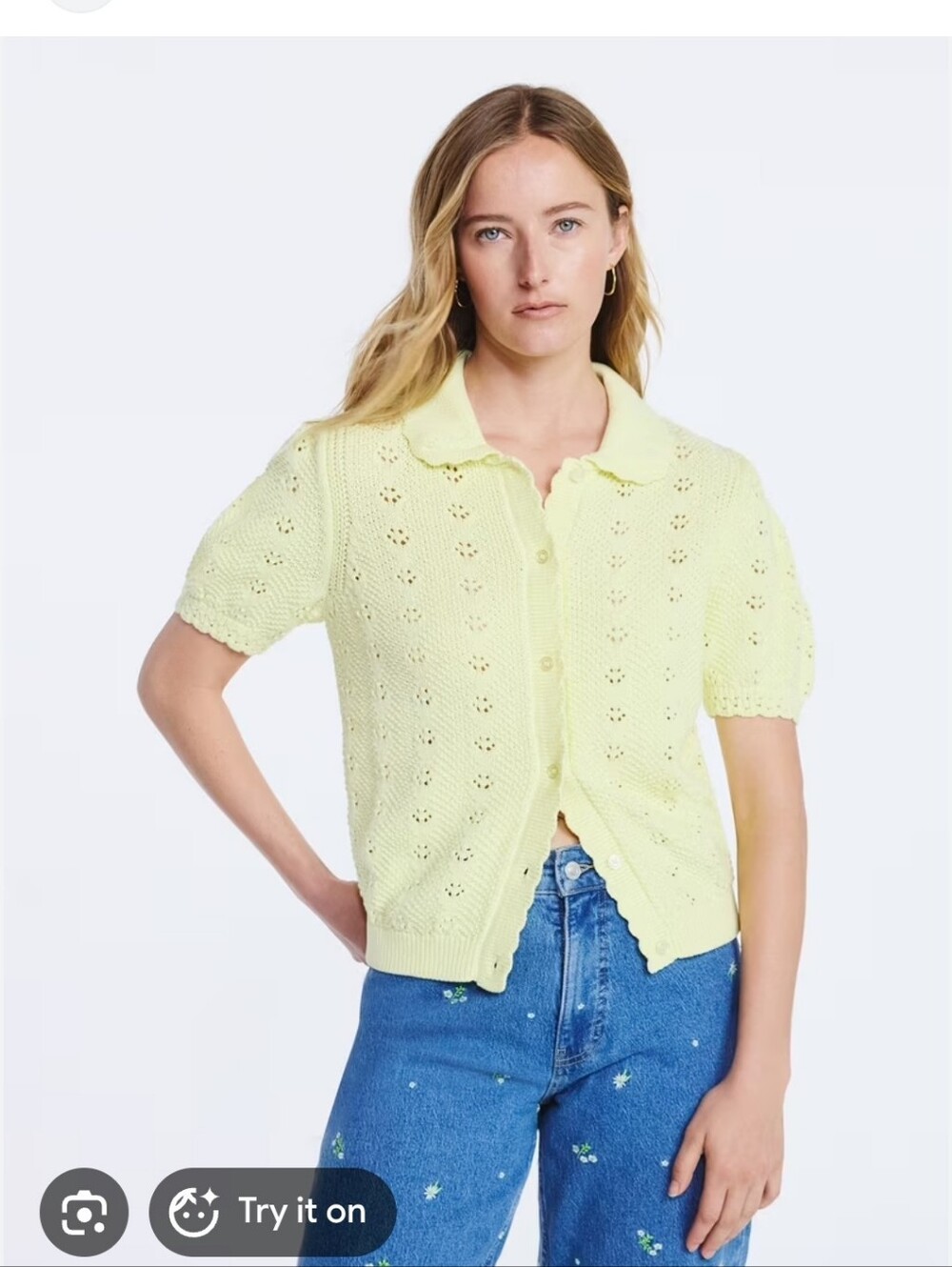 Free Assembly Butter Yellow Knit Peter Pan Collar Cardigan Sweater - Picture 3 of 7